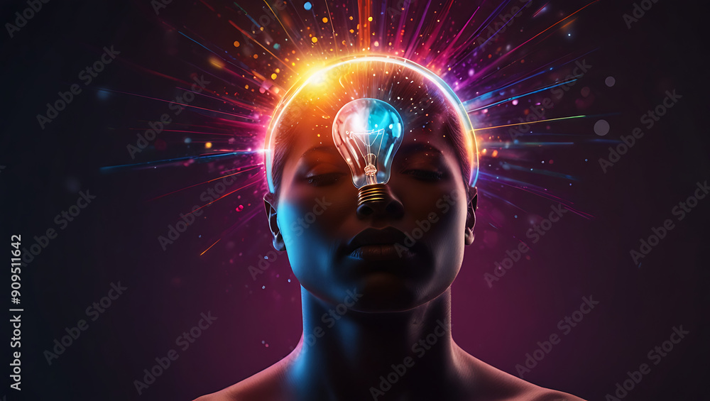 A Vibrant Lightbulb Hovering Above a Person’s Head Surrounded by Radiant Colors and Sparkles, Symbolizing a Burst of Inspiration Leading to Success A Vibrant Lightbulb Hovering Above a Person’s Head Surrounded by Radiant Colors and Sparkles, Symbolizing a Burst of Inspiration Leading to Success