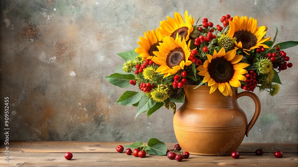 Autumn Sunflower Bouquet in Earthenware Jug. Autumn Sunflower Bouquet in Earthenware Jug.