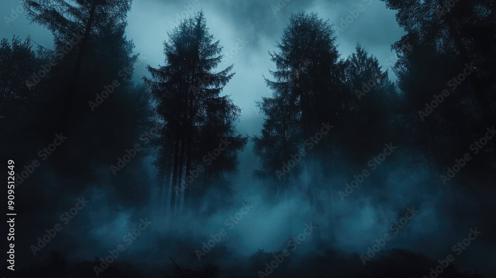 Spooky Dense Forest in Fog at Night with Tall Dark Trees and Blue Mist Spooky Dense Forest in Fog at Night with Tall Dark Trees and Blue Mist