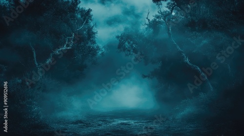 Enchanted Forest at Night with Mystical Fog and Eerie Atmosphere photo