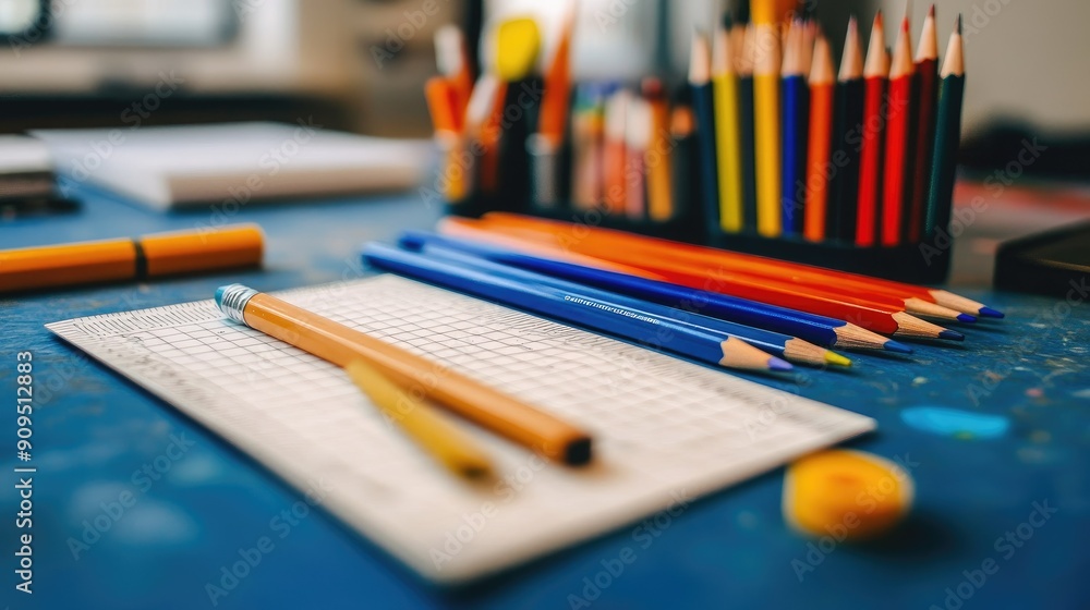 Colorful Pencils and Graph Paper on Desk: Vibrant Creative Workspace Colorful Pencils and Graph Paper on Desk: Vibrant Creative Workspace
