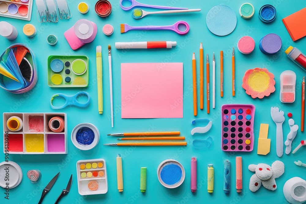 Bright and Colorful Art Supplies Arrangement on a Blue Background Bright and Colorful Art Supplies Arrangement on a Blue Background