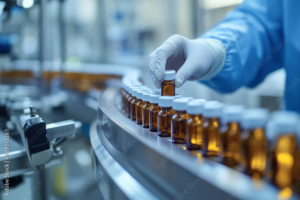 worker in a lab is handling a bottle of medicine. The bottles are lined up on a conveyor belt, and the worker is wearing gloves. Concept of precision and care worker in a lab is handling a bottle of medicine. The bottles are lined up on a conveyor belt, and the worker is wearing gloves. Concept of precision and care