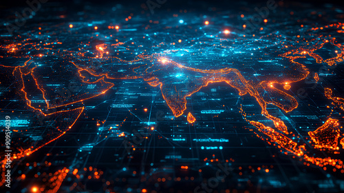 Digital map of Asia, concept of global network and connectivity, data transfer and cyber technology, business exchange, information and telecommunication