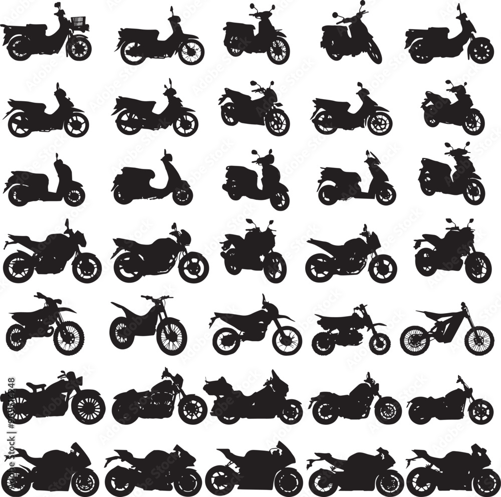 Fototapeta premium set of 35 type of motorcycle, motorbike silhouettes, transparent background.