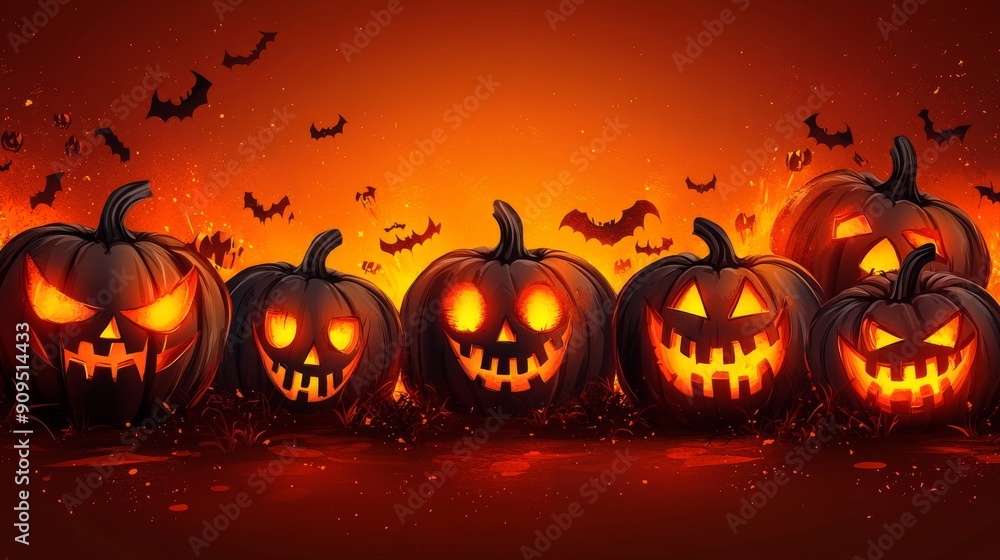 Halloween Vector Illustration of Creepy Jack-o'-lantern Faces on a Glowing Orange Background Halloween Vector Illustration of Creepy Jack-o'-lantern Faces on a Glowing Orange Background