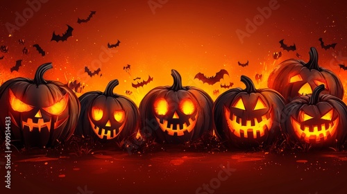 Halloween Vector Illustration of Creepy Jack-o'-lantern Faces on a Glowing Orange Background