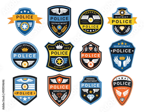 Police district federal department insignia badge design template set vector flat illustration