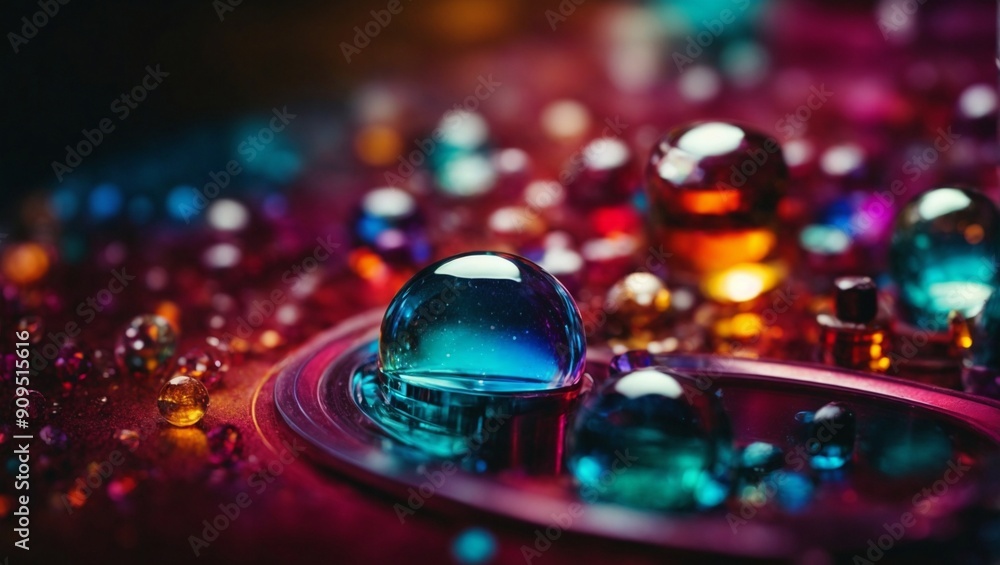 Chromatic Reflections: A macro exploration of vibrant water droplets, refracting a spectrum of colors on a reflective surface. Chromatic Reflections: A macro exploration of vibrant water droplets, refracting a spectrum of colors on a reflective surface.