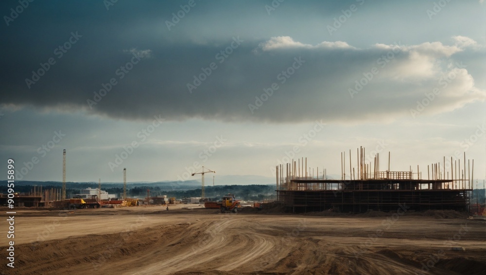 Construction Under a Dramatic Sky: A wide shot of a sprawling construction site, showcasing the skeletal framework of a building against a backdrop of a moody, overcast sky. The image evokes a sense o Construction Under a Dramatic Sky: A wide shot of a sprawling construction site, showcasing the skeletal framework of a building against a backdrop of a moody, overcast sky. The image evokes a sense o
