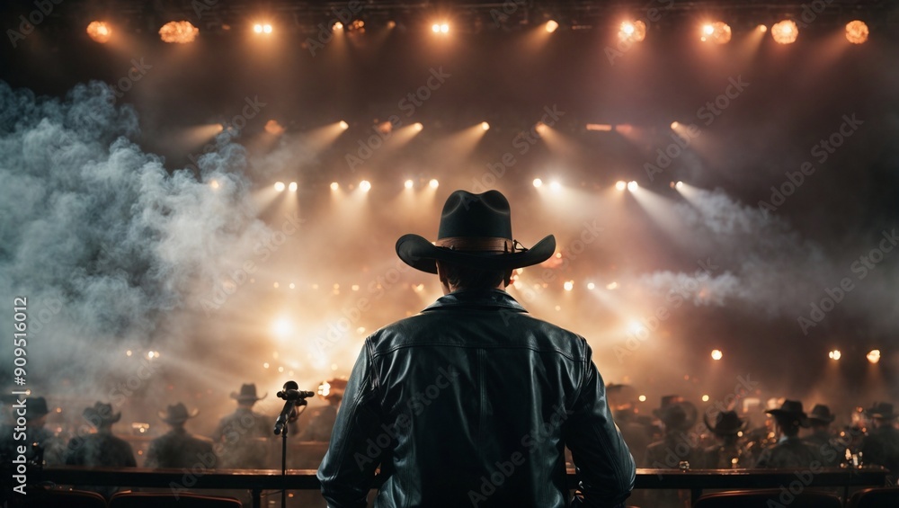 Country Star's Reverie: A lone cowboy hat against a dazzling concert stage, the anticipation palpable in the smoky air. Country Star's Reverie: A lone cowboy hat against a dazzling concert stage, the anticipation palpable in the smoky air.