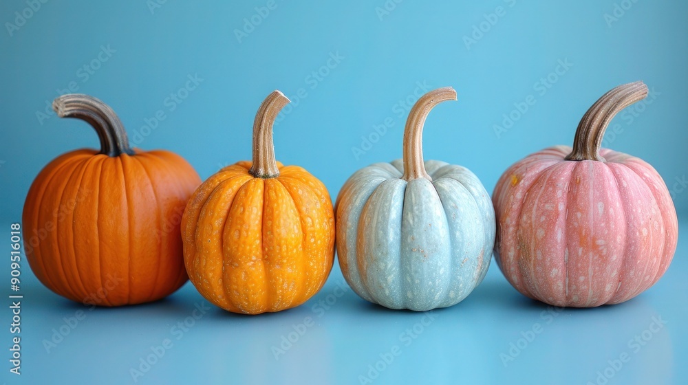 Autumn Harvest: Collection of Pumpkins on Blue Background Autumn Harvest: Collection of Pumpkins on Blue Background