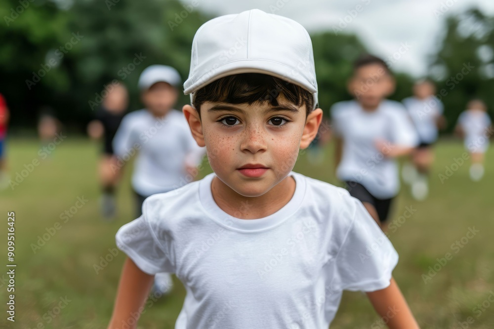 A young boy participating in a running activity on a green field, wearing a white cap and t-shirt, showcasing focus and determination. A young boy participating in a running activity on a green field, wearing a white cap and t-shirt, showcasing focus and determination.