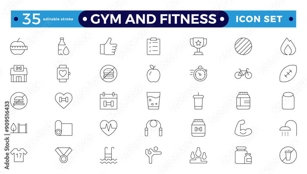 Gym and fitness icon set. Containing healthy lifestyle, weight training, body care, and workout or exercise equipment icons. Editable stroke outline icon. Gym and fitness icon set. Containing healthy lifestyle, weight training, body care, and workout or exercise equipment icons. Editable stroke outline icon.