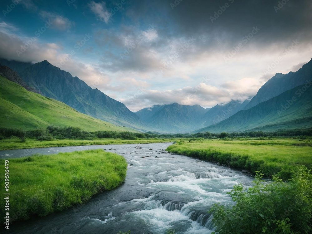Nature background from green plants and river with mountains cloudy sky wallpaper. Ai generative Nature background from green plants and river with mountains cloudy sky wallpaper. Ai generative
