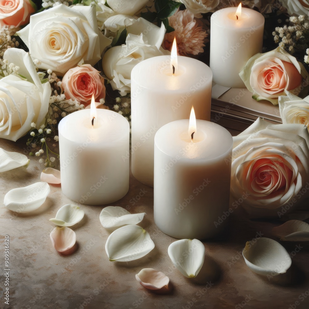 White candles with roses and flowers petals, funeral memrial, sympathy and condolences card, death notice
White candles with roses and flowers petals, funeral memrial, sympathy and condolences card, death notice