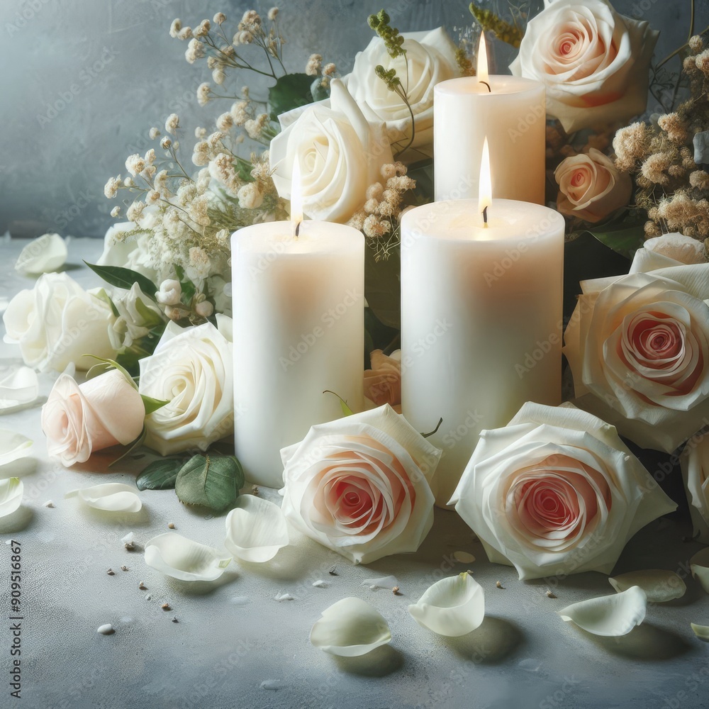 White candles with roses and flowers petals, funeral memrial, sympathy and condolences card, death notice
White candles with roses and flowers petals, funeral memrial, sympathy and condolences card, death notice