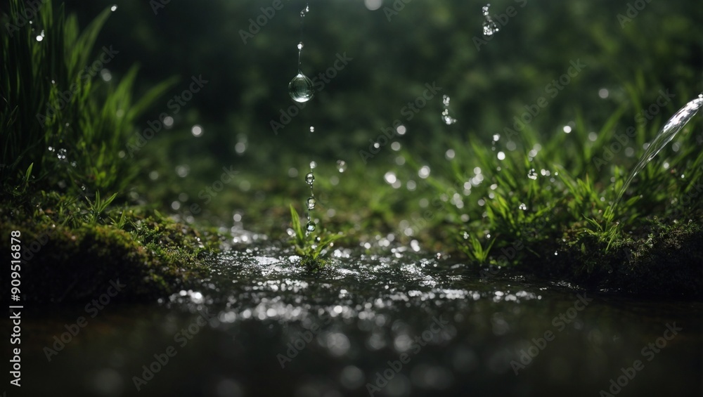 Fototapeta premium Nature's Refreshment: Raindrops dance on Lush Greenery 