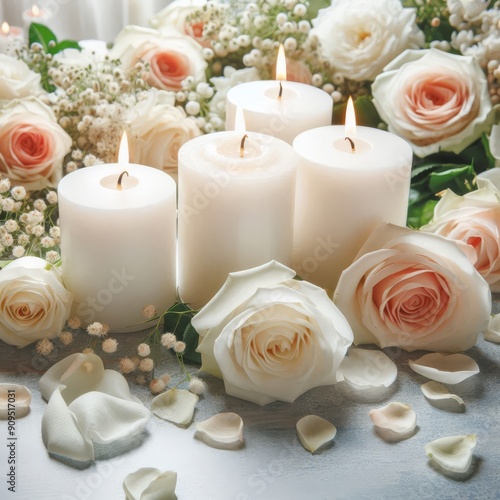 White candles with roses and flowers petals, funeral memrial, sympathy and condolences card, death notice 