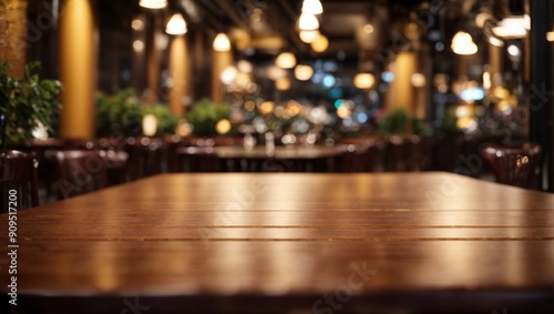 Empty Table in Elegant Restaurant Setting  A rustic wooden table sits center stage in a stylish restaurant  bathed in warm lighting  ready to host a memorable meal. The blurred background of bustling 