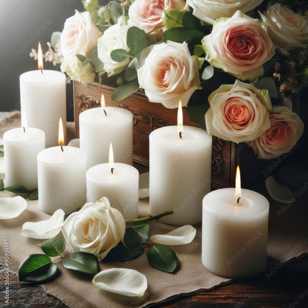 White candles with roses and flowers petals, funeral memrial, sympathy and condolences card, death notice
White candles with roses and flowers petals, funeral memrial, sympathy and condolences card, death notice