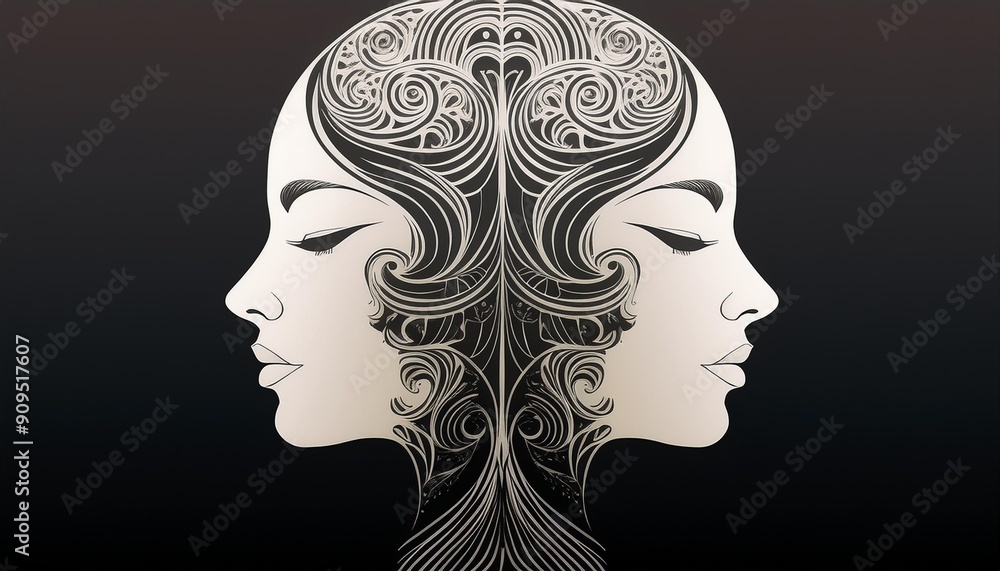 Metaphor bipolar disorder mind mental. Double face. Split personality. Concept mood disorder. Dual personality concept. 2 Head silhouette. Mental health. Imagination. Web banner. Metaphor bipolar disorder mind mental. Double face. Split personality. Concept mood disorder. Dual personality concept. 2 Head silhouette. Mental health. Imagination. Web banner.