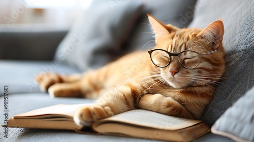 Cute red cat in glasses lying on sofa with book