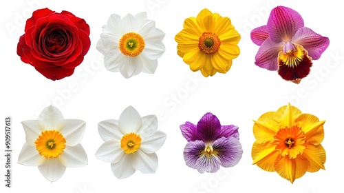 Collection of Eight Distinct Flowers Isolated on White Background – Ideal for Botanical and Floral Design Projects