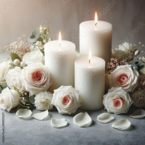 White candles with roses and flowers petals, funeral memrial, sympathy and condolences card, death notice 