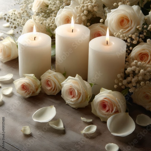 White candles with roses and flowers petals, funeral memrial, sympathy and condolences card, death notice 