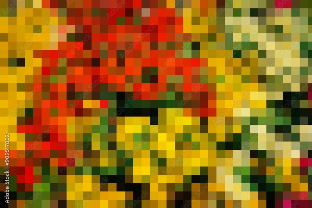 A colorful image of flowers is made up of small squares. The flowers are yellow and red, and they are arranged in a way that creates a sense of depth and texture. The image is vibrant and lively A colorful image of flowers is made up of small squares. The flowers are yellow and red, and they are arranged in a way that creates a sense of depth and texture. The image is vibrant and lively
