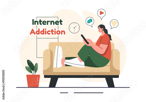 Internet Addiction Vector Illustration with Young People Addicted to Using Devices Such as Laptops or Smartphones in a Flat Style Cartoon Background