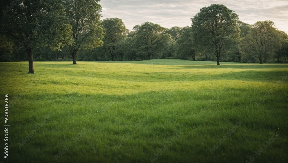 Fototapeta premium Serene Meadow Landscape: Sunlight filters through a canopy of leafy trees, casting dappled shadows on a verdant meadow bathed in the soft glow of dawn. A gentle breeze rustles the grass, creating a s
