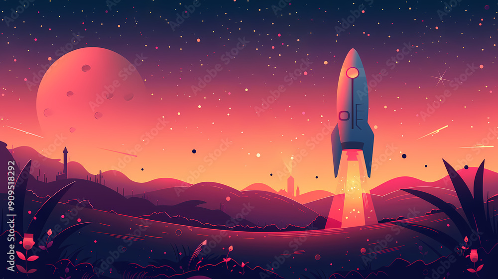 A stylized illustration of a rocket launching into space against a vibrant sunset sky. The rocket is silhouetted against a large, pink moon and a field of stars. A stylized illustration of a rocket launching into space against a vibrant sunset sky. The rocket is silhouetted against a large, pink moon and a field of stars.