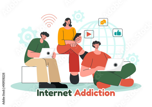 Internet Addiction Vector Illustration with Young People Addicted to Using Devices Such as Laptops or Smartphones in a Flat Style Cartoon Background