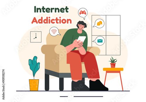 Internet Addiction Vector Illustration with Young People Addicted to Using Devices Such as Laptops or Smartphones in a Flat Style Cartoon Background