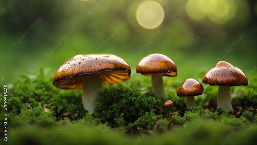 Forest Floor Fungi: A cluster of four mushrooms emerges from lush green moss, bathed in soft, sun-dappled light. The intricate textures of the caps and stems, combined with the vibrant greens and brow Forest Floor Fungi: A cluster of four mushrooms emerges from lush green moss, bathed in soft, sun-dappled light. The intricate textures of the caps and stems, combined with the vibrant greens and brow