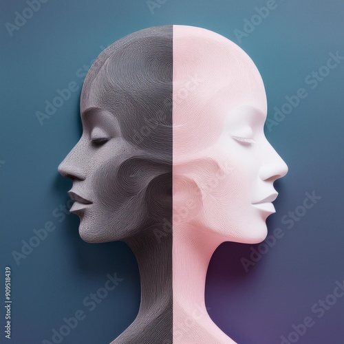 Metaphor bipolar disorder mind mental. Double face. Split personality. Concept mood disorder. Dual personality concept. 2 Head silhouette. Mental health. Imagination. Web banner. 