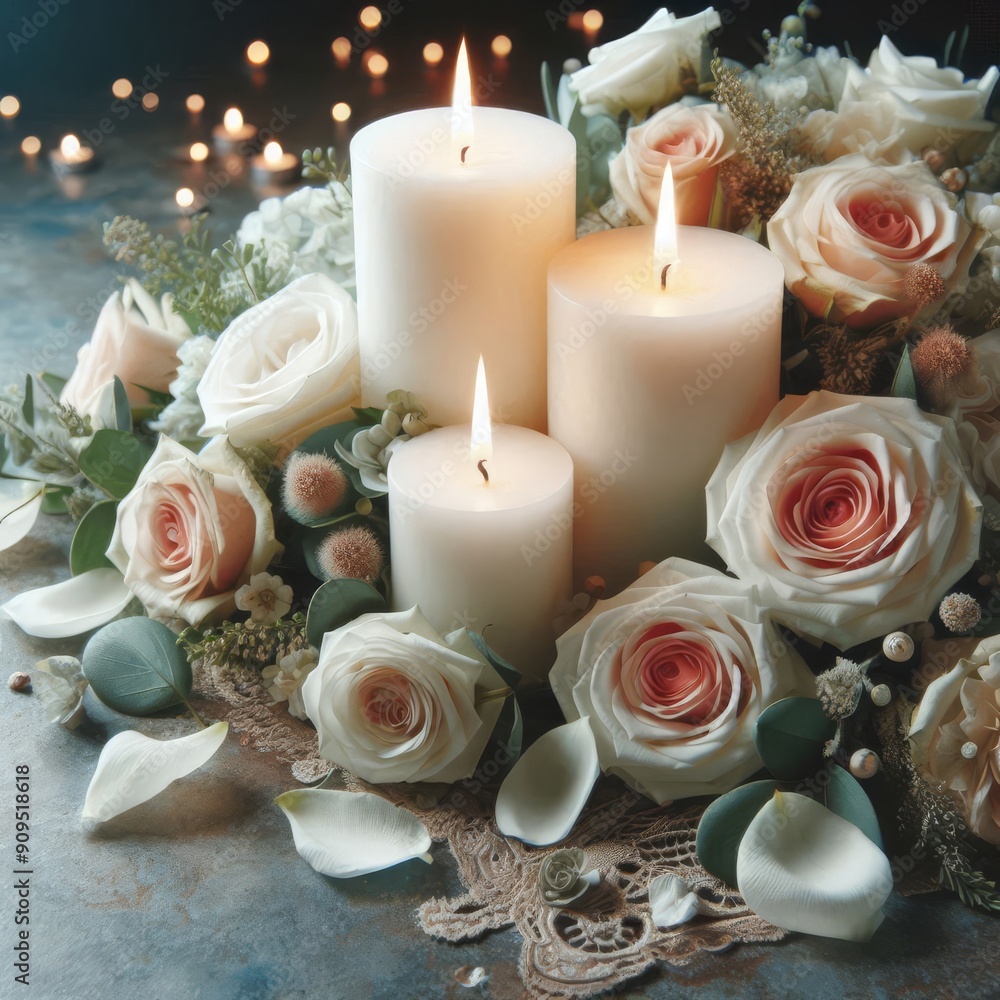 White candles with roses and flowers petals, funeral memrial, sympathy and condolences card, death notice
White candles with roses and flowers petals, funeral memrial, sympathy and condolences card, death notice