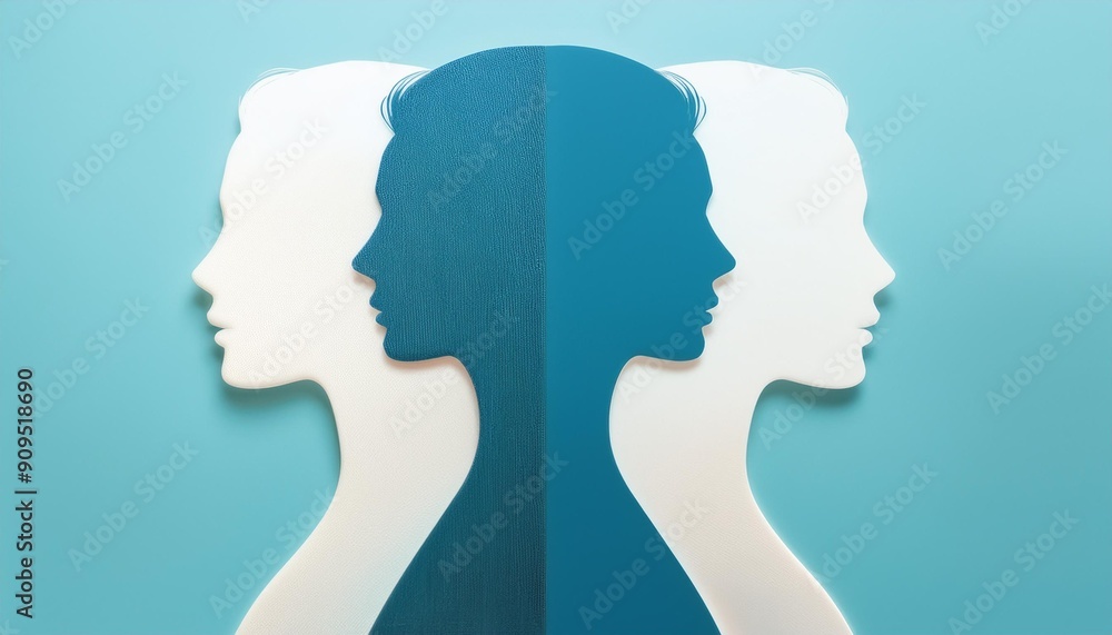 Metaphor bipolar disorder mind mental. Double face. Split personality. Concept mood disorder. Dual personality concept. 2 Head silhouette. Mental health. Imagination. Web banner. Metaphor bipolar disorder mind mental. Double face. Split personality. Concept mood disorder. Dual personality concept. 2 Head silhouette. Mental health. Imagination. Web banner.