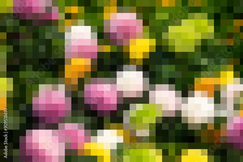 A close up of a field of flowers with a pixelated effect. The flowers are a mix of pink, white, and yellow. Concept of beauty and tranquility, as the flowers are arranged in a natural setting