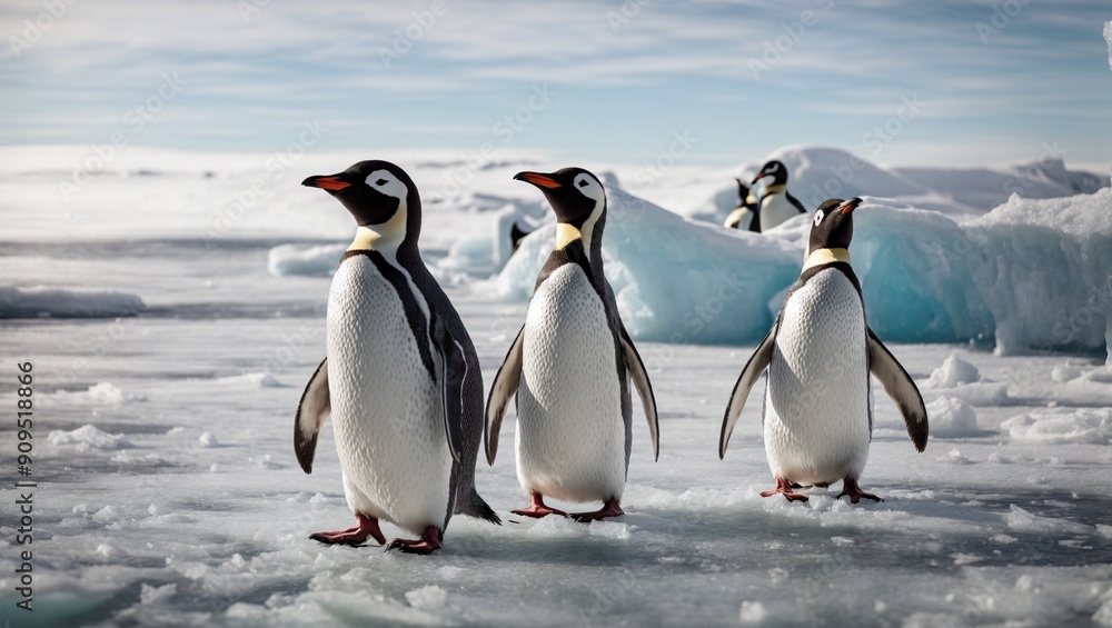 Obraz premium Penguins on Parade: A trio of emperor penguins gracefully navigate their icy domain, their sleek forms and curious gazes embodying the stark beauty of Antarctica. 