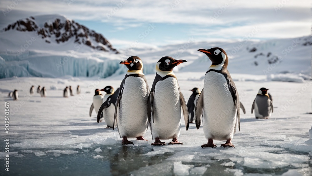 Obraz premium Penguin Posse: A charismatic gathering of gentoo penguins on a sun-kissed ice floe in Antarctica. 
