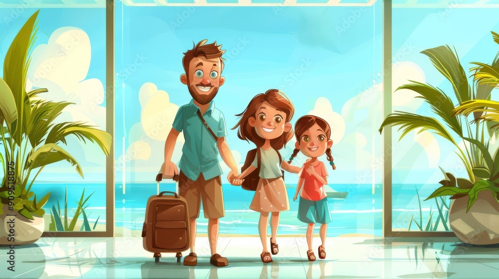 Cartoon vector family staying at a hotel during a vacation trip