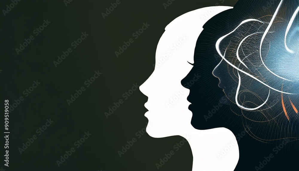 Metaphor bipolar disorder mind mental. Double face. Split personality. Concept mood disorder. Dual personality concept. 2 Head silhouette. Mental health. Imagination. Web banner. Metaphor bipolar disorder mind mental. Double face. Split personality. Concept mood disorder. Dual personality concept. 2 Head silhouette. Mental health. Imagination. Web banner.