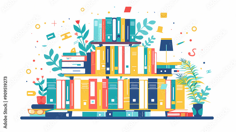 A colorful illustration of a bookshelf overflowing with books. The books are arranged in a variety of colors and sizes, with some stacked on top of each other. There are also a few plants and other de A colorful illustration of a bookshelf overflowing with books. The books are arranged in a variety of colors and sizes, with some stacked on top of each other. There are also a few plants and other de