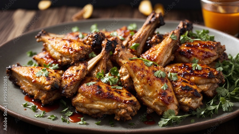 Spicy Fiesta Wings: A tantalizing platter of crispy, glazed chicken wings seasoned to perfection, garnished with fresh herbs, inviting you to indulge. Spicy Fiesta Wings: A tantalizing platter of crispy, glazed chicken wings seasoned to perfection, garnished with fresh herbs, inviting you to indulge.
