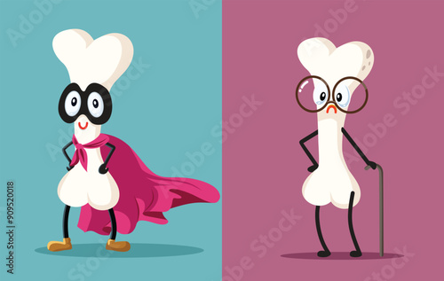 Healthy and Old Bone Character Vector Cartoon Illustration. Aging bones developing degenerative diseases
