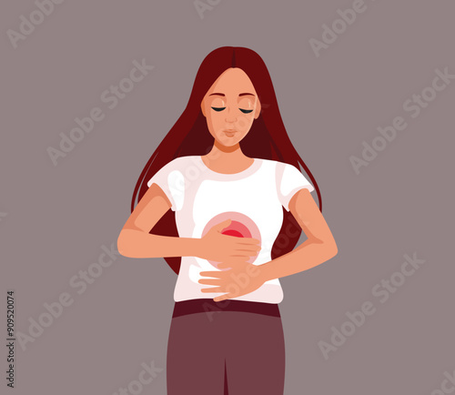 Sad Woman Having Stomach Pain Problems Vector Cartoon. Young adult suffering from irritable bowl syndrome
