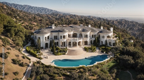 Mediterranean Majesty: An opulent hillside estate overlooks a breathtaking valley vista, its grandeur captured in the golden hour light. 